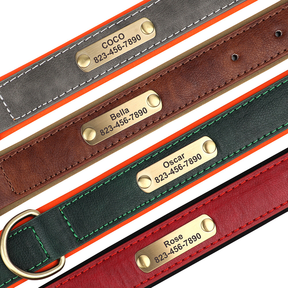 Soft Leather Personalized Dog Collar Custom Name ID Engraved for Small Large Dog
