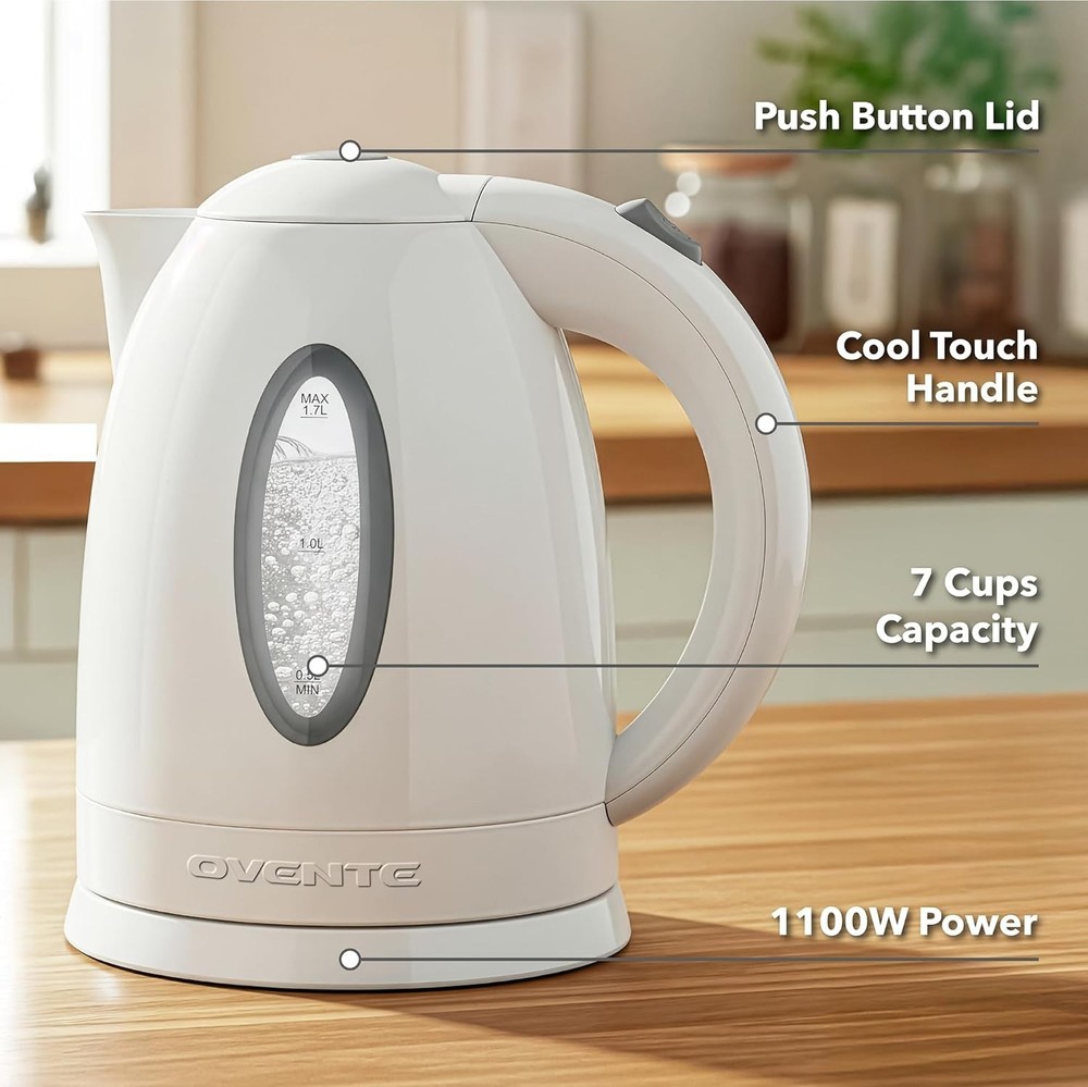 Fast Boiling 1.7L Electric Kettle with Auto Shut-Off & Removable Filter | White