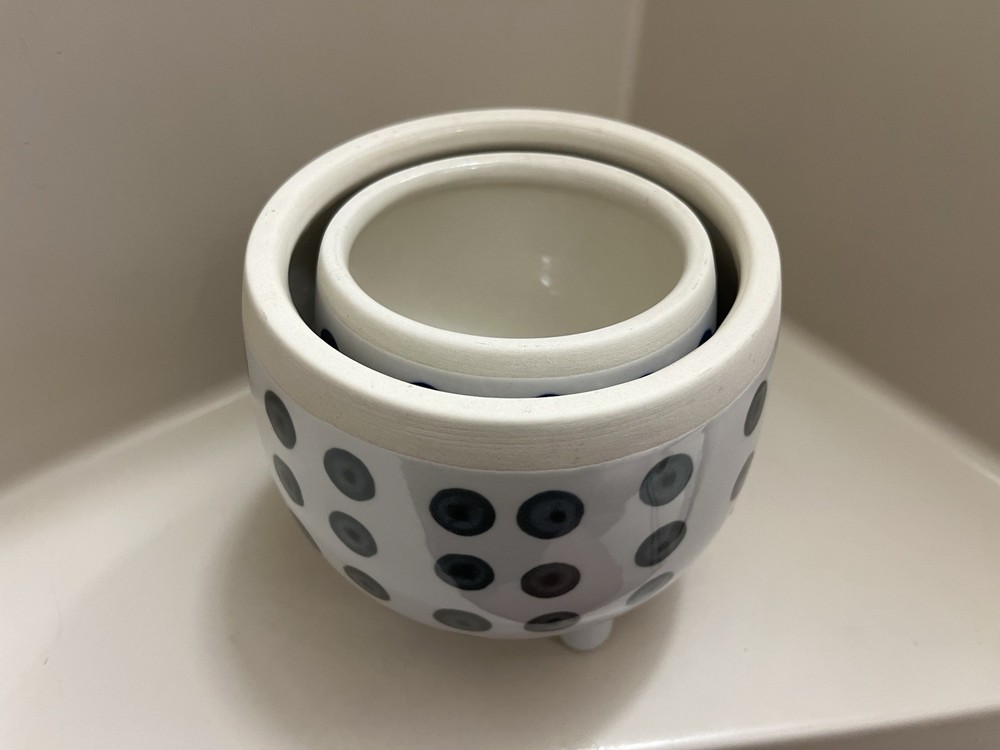 set 2 west elm decorative footed ceramic pots spherical w/ dots plant flower