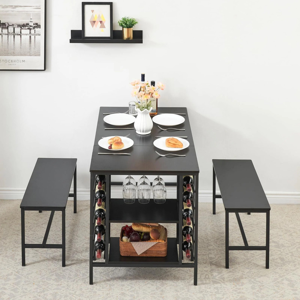 Kitchen Dining Table Set Storage Racks Wine Shelf Space Saving 2 Benches Seats 4