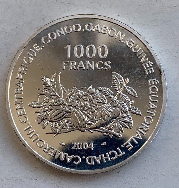 CAMEROON SILVER PROOF 1000 FRANCS 2004 SOCCER GERMANY
