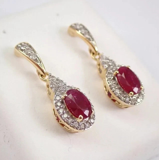 2Ct Lab Created Diamond Ruby Halo Drop/Dangle Earrings 14k Yellow Gold Plated