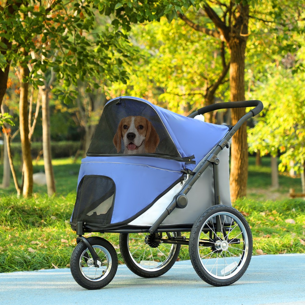 PawHut Dog Jogger Stroller with One-Hand Fold, Rubber Wheels, Blue
