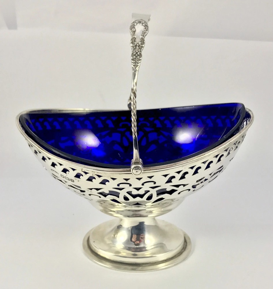 Solid Silver Sugar Basket Dish Cobalt Blue Liner 1906 William Mammatt & Son