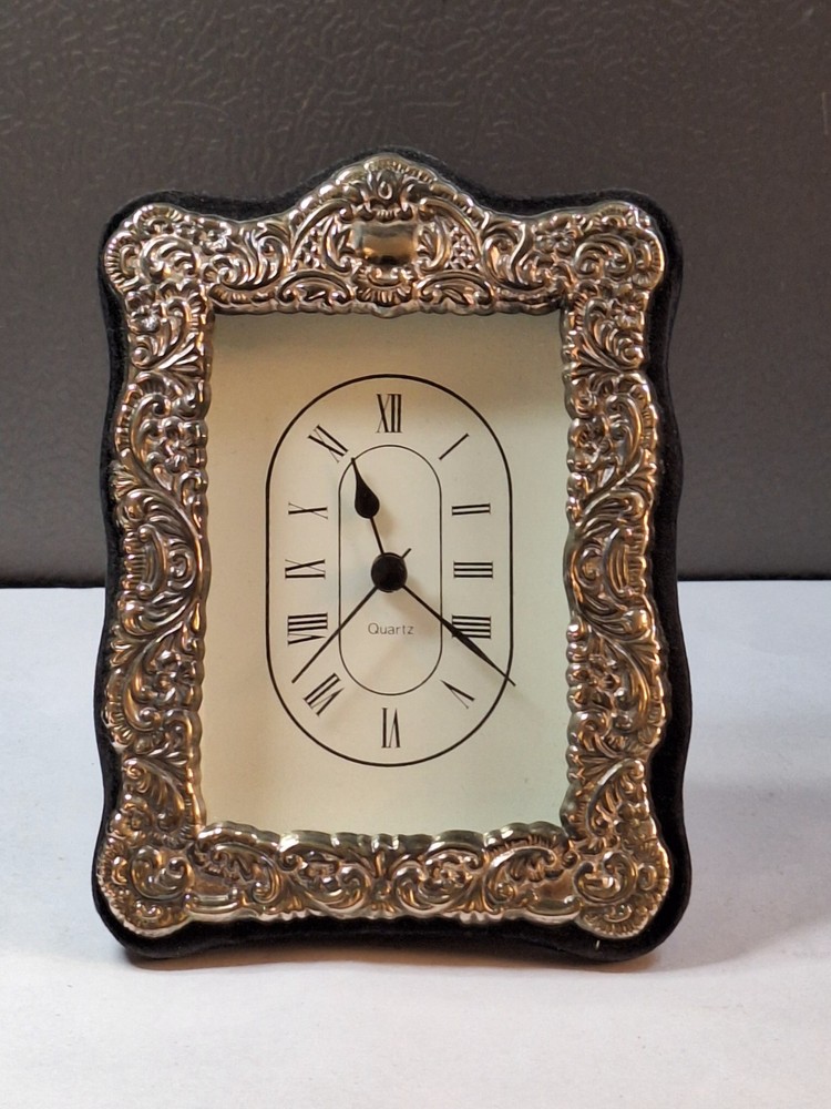 Vtg Silver Framed Quartz Clock Scrolled Design Tabletop