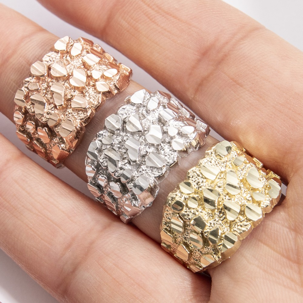 SOLID 10K Gold Large Square Nugget Ring Yellow White Rose Gold