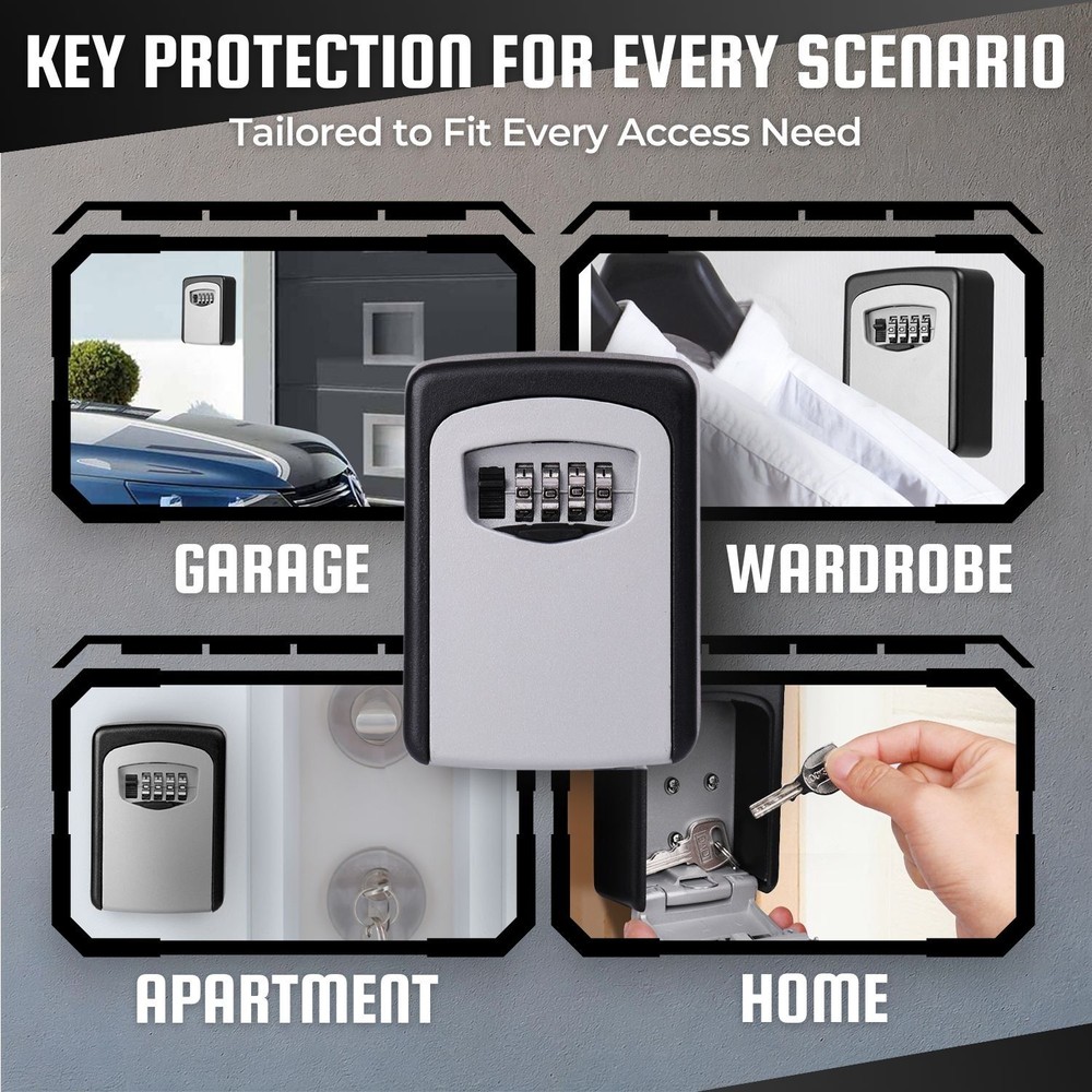 Key Lock Box - Wall Mounted Lockbox for Keys Outdoor - 4 Digit Code Combination