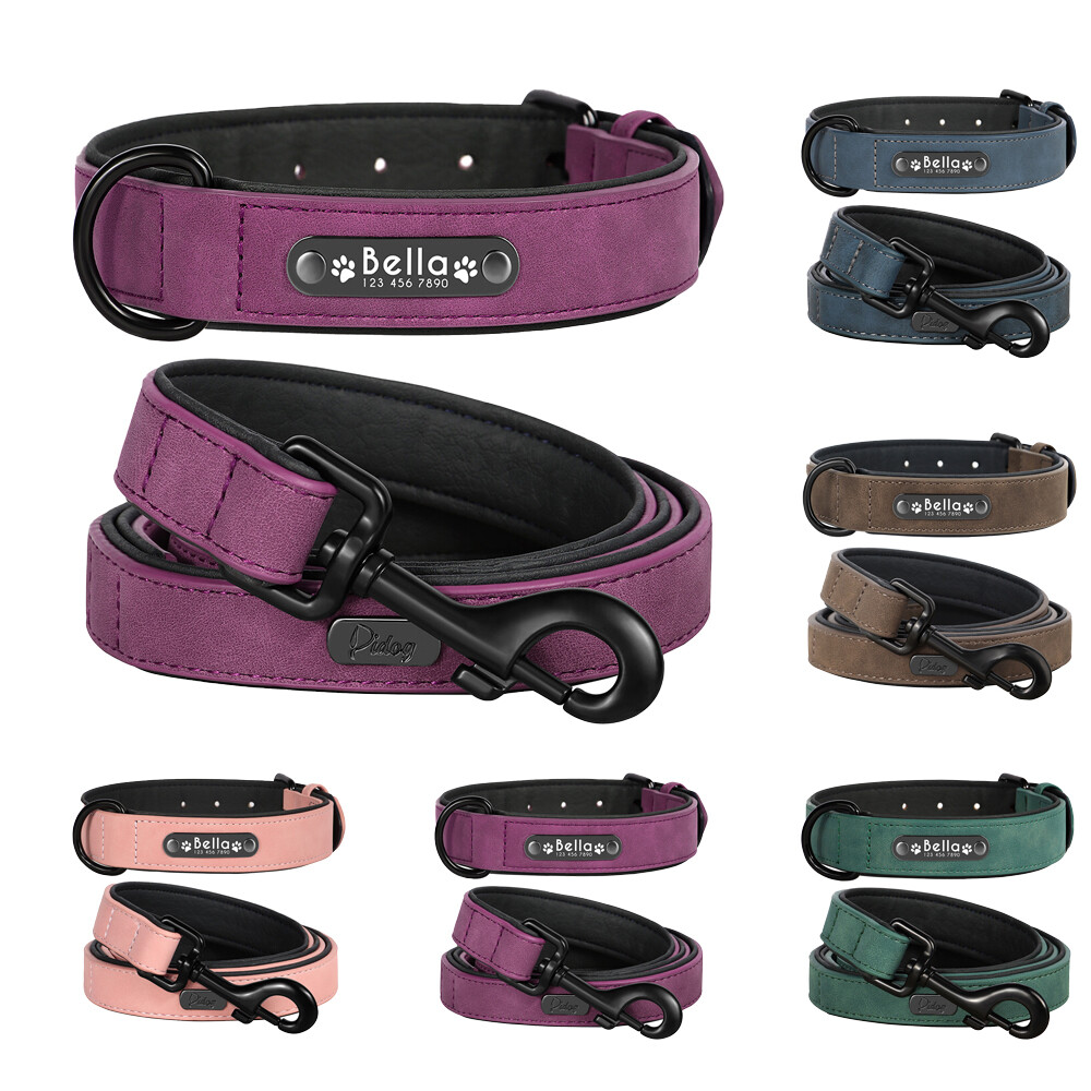 Custom Personalized Leather Dog Collar Leash Optional Padded ID Name Engraved