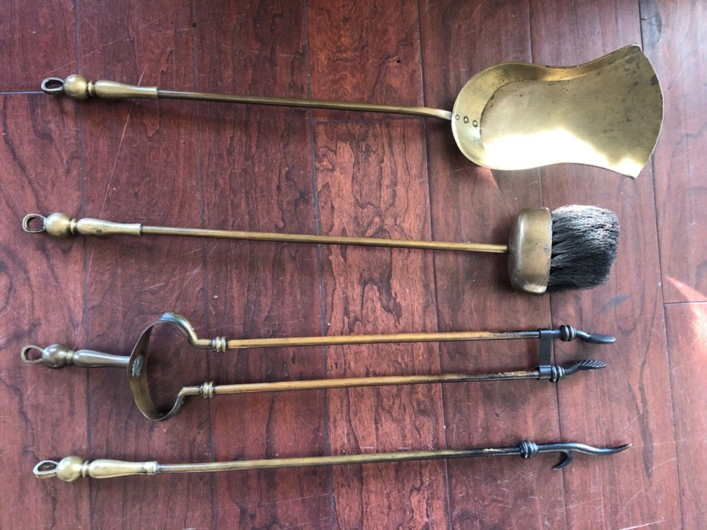 Antique Fireplace Brass Tool Set Four Pieces & Stand