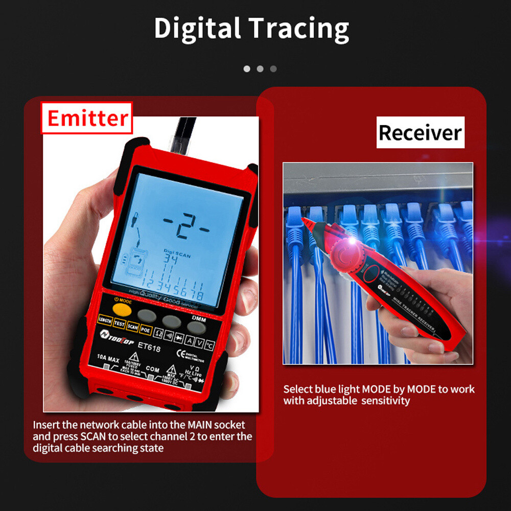 Multifunctional Network Cable Tester With LCD Display Multimeter Line Finder Red