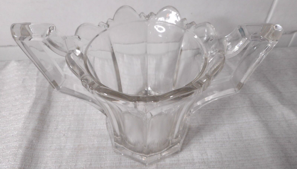 Victorian Clear Thick Glass Double Handle Spooner Scalloped Top Sunburst Bottom