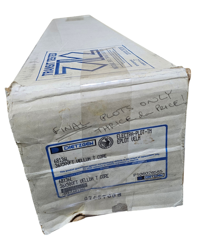 Dietzgen Electra-Plot-TM Eplot Vellum 68136L | 36" x ~250' Part Roll | 3" T-Core