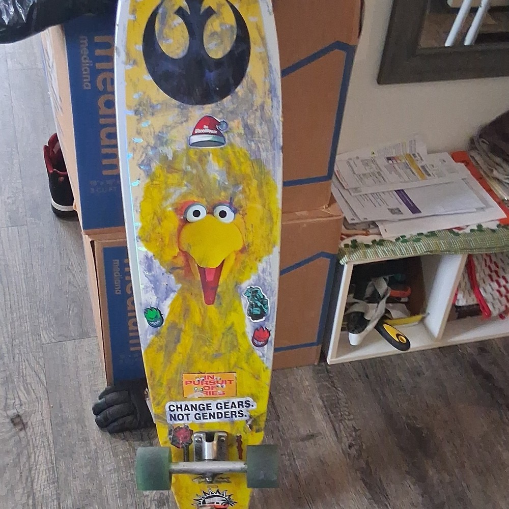 Custom Longboard with Big Bird Artwork and Stickers
