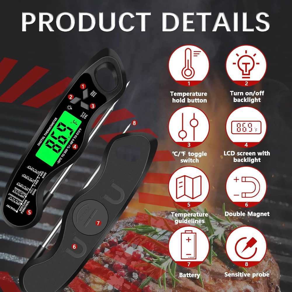 Meat Thermometer Digital，Ip67 Waterproof Cooking Thermometer with Backlight, Cal
