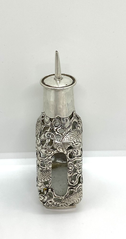 Antique Asian Signed Silver Overlay Dragon Pattern Bitters Bottle 5” 143g