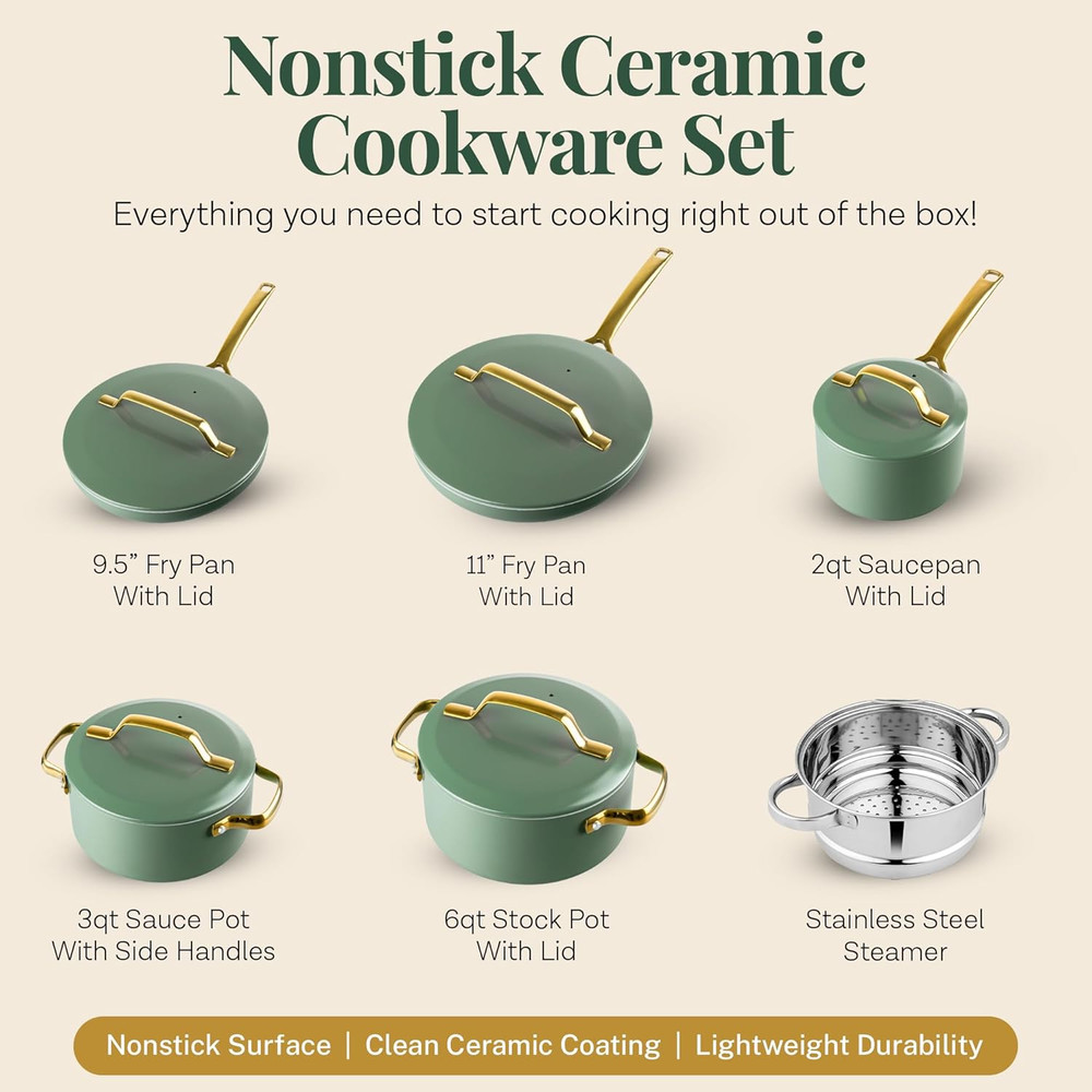 11 Pc Ceramic Cookware Set Non Stick with Steamer Induction Ready