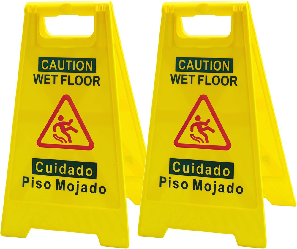 2-Pack Caution Wet Floor Sign, 17.5" Height, Bright Yellow, Double-Sided Folding