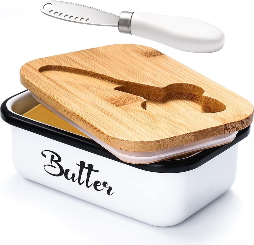 Large Rectangular Butter Dish with Lid & Multi-Purpose Knife – White Decor