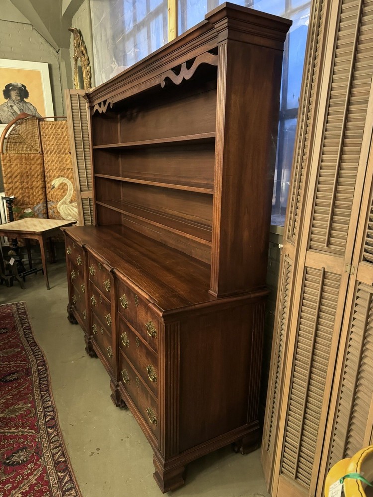 20th C. George II Style Walnut Chippendale Style Breakfront Hutch Brass Hardware