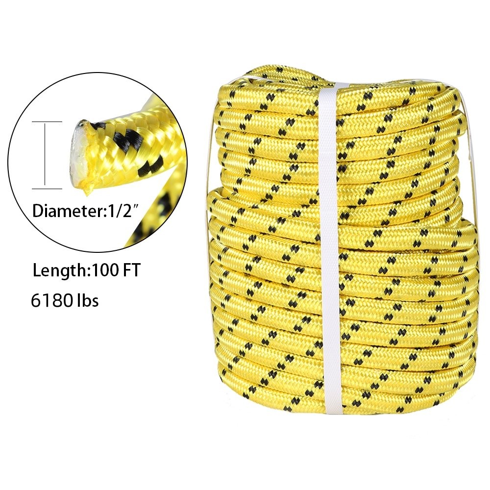 Double Braid Polyester Rope 1/2"×100' Bull Rope 6180Lbs Breaking Strength Yellow