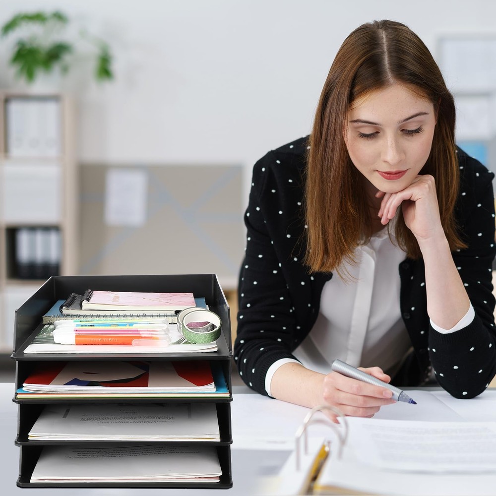 6 PCS Stackable Paper Trays Rectangular Plastic Desk Holder File Storage Black