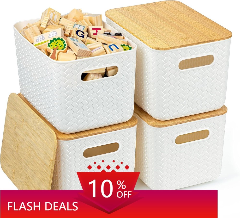NEW.4-Piece Storage Box Set with Bamboo Lids- Stackable Storage Containers.White