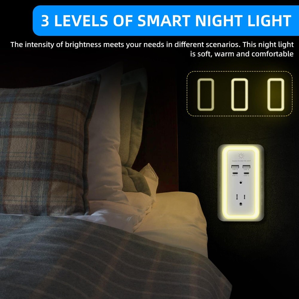 Wall Charger Surge Protector, Outlet Extender with Night Light, USB White