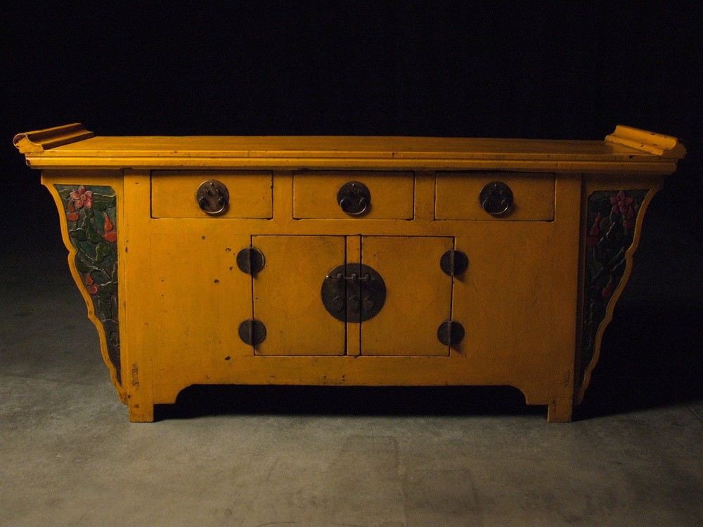 Antique Chinese Yellow Winged Sideboard Buffet Server