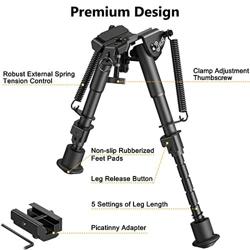 Adjustable 6-9 Inch Picatinny Bipod with Spring Return & Adapter for Stability