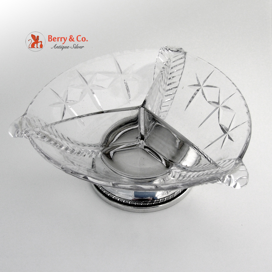 Three Sectional Serving Bowl Sterling Silver Cut Glass 1940