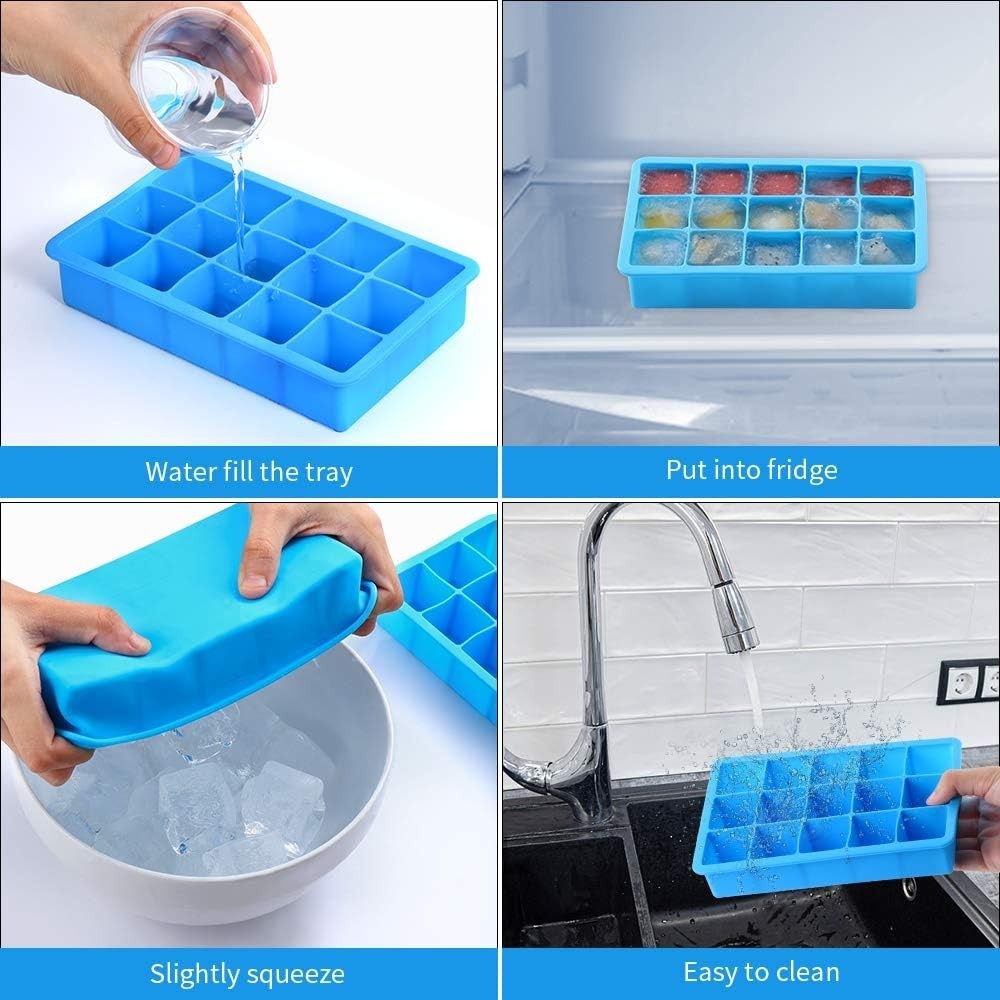 2 Pack Ice Cube Trays Silicone Easy Release Flexible Molds 15 Ice Cubes Blue