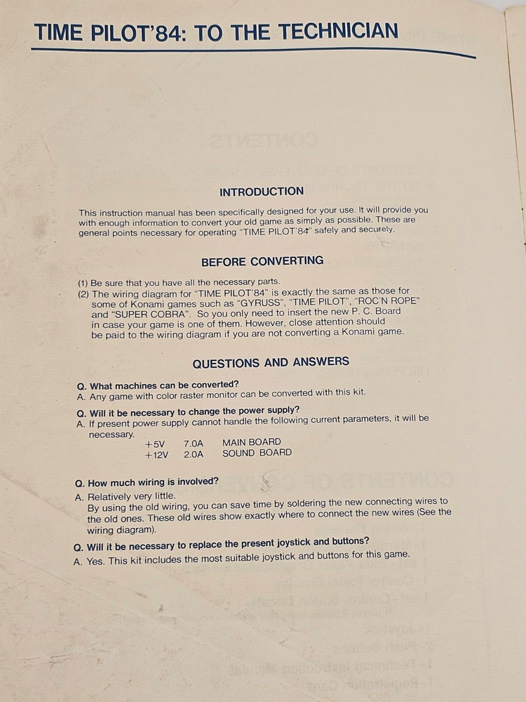 KONAMI TIME PILOT 84 CONVERSION KIT INSTRUCTION MANUAL
