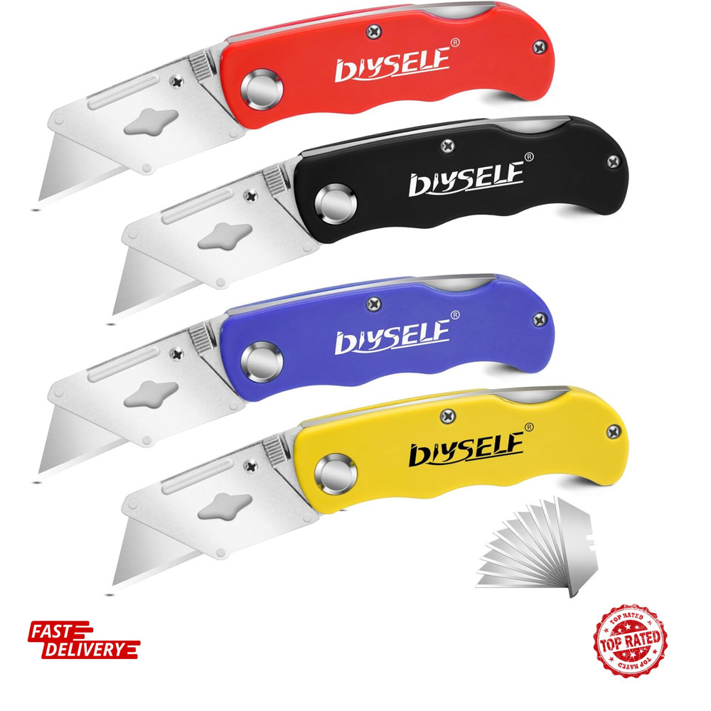 4 Pack Folding Utility Knife Box Cutter Razor Blade Set with 10 Extra Blades