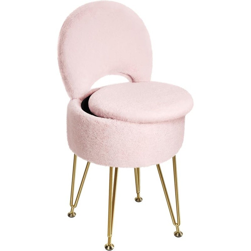 Faux Fur Vanity Stool W/ Storage Adjustable Backrest Comfortable Makeup Chair US