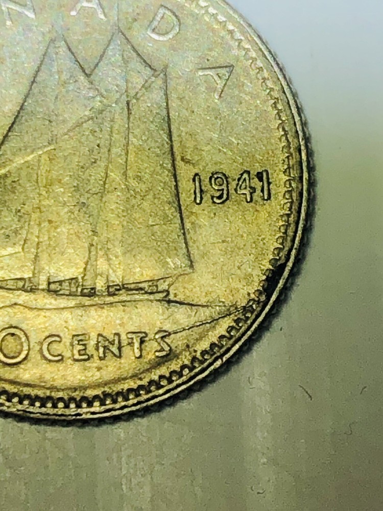 Canada 10 Cents 1941 Silver Die Crack Error Nice Details