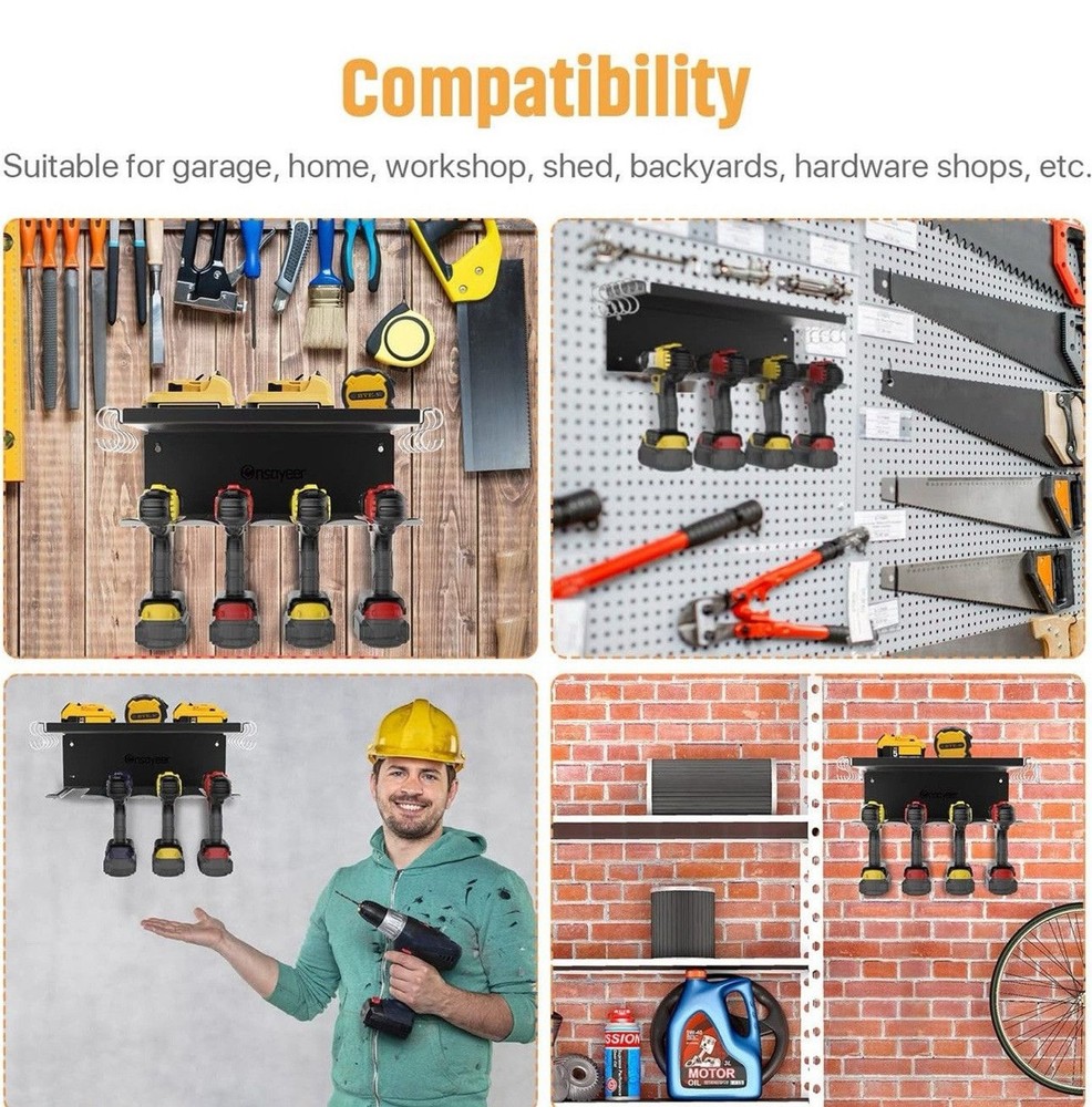 Power Tool Organizer 4 Drill Holders Wall Mounted Garage Tool Storage Rack
