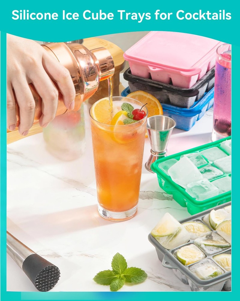 4 Pack Silicone Ice Cube Trays with Lids Easy Release 60 Grids Stackable Square