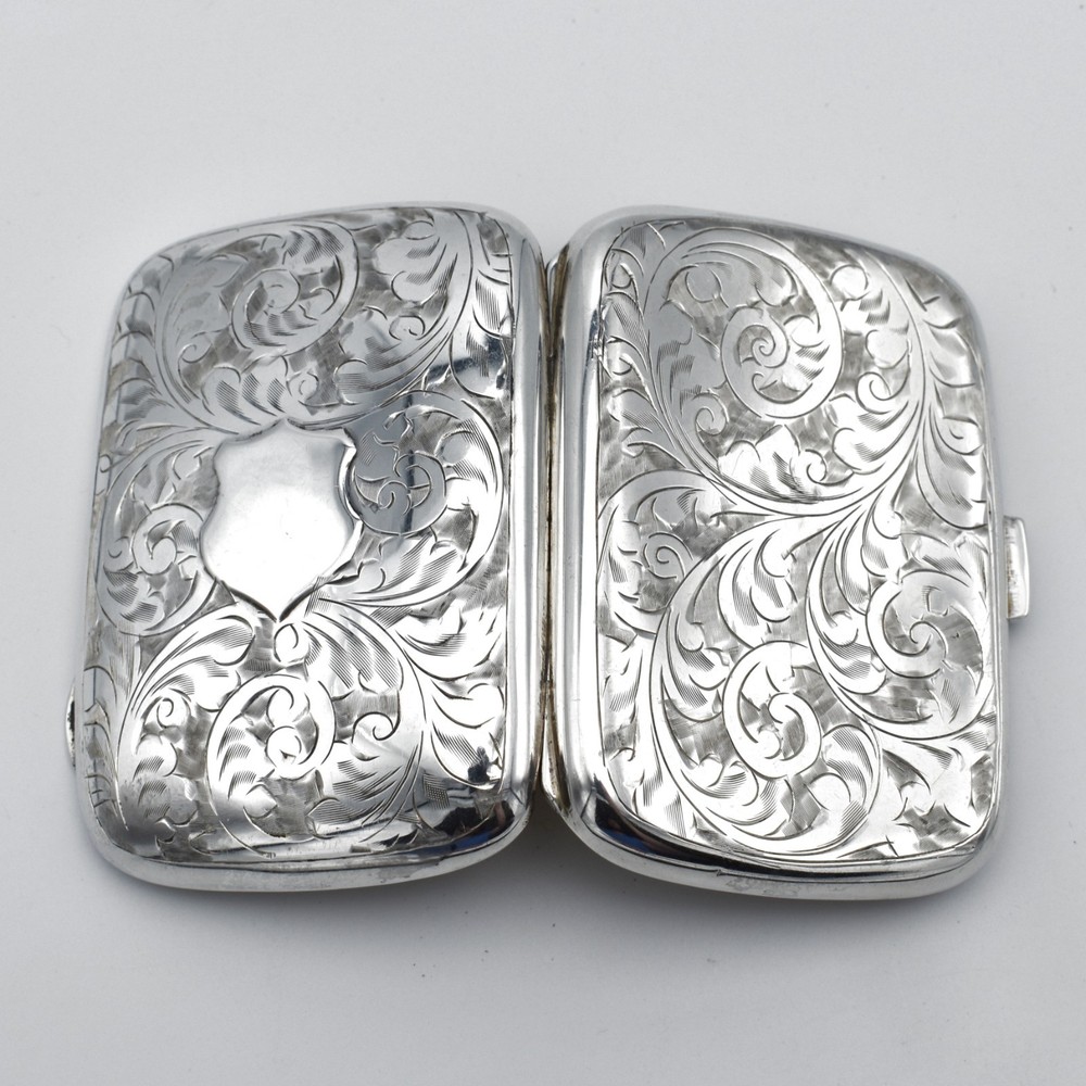 Antique Solid Silver Cigarette Case Pattern Engraved 1922 Acanthus