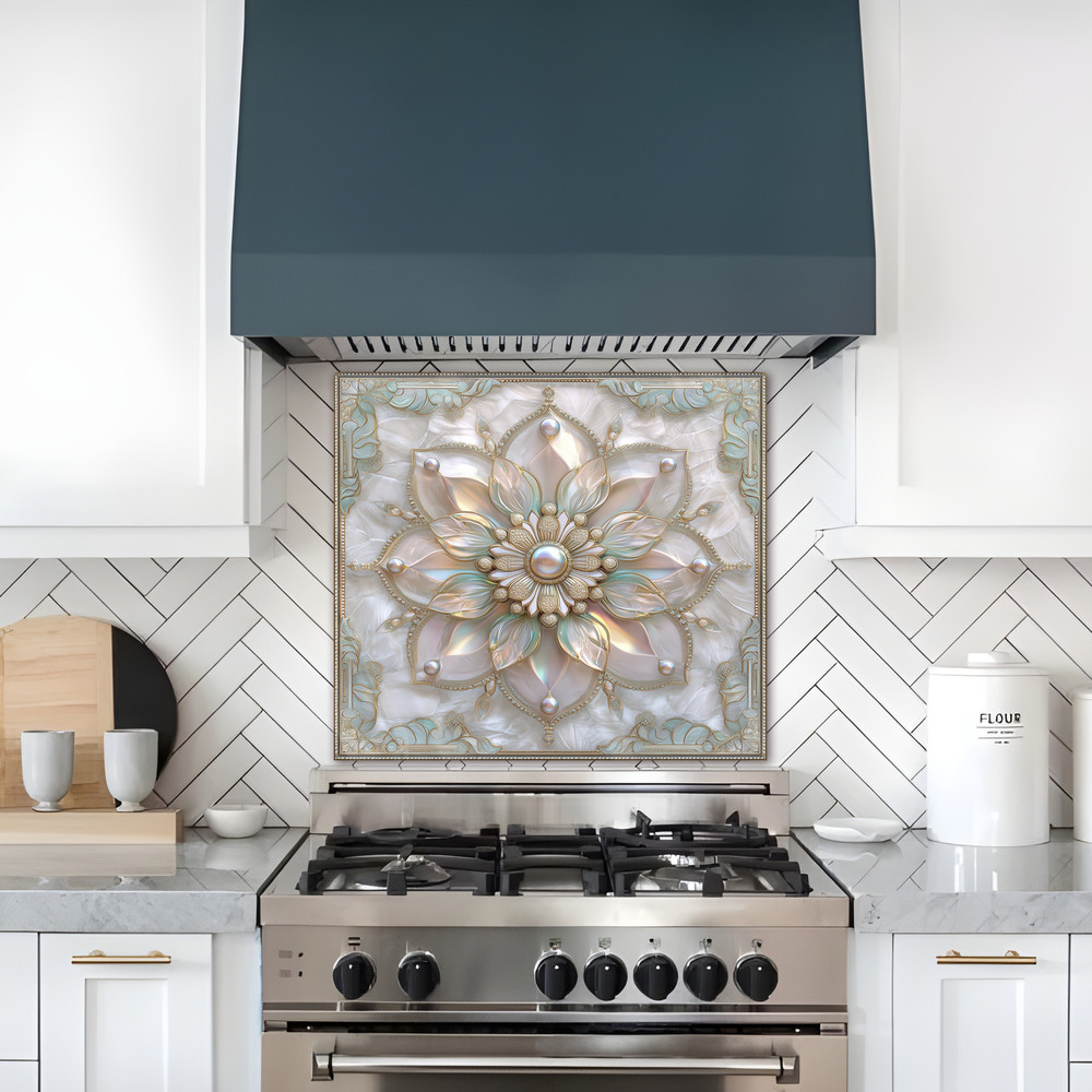 Pearl Look Tempered Glass Kitchen Wall Panel | Elegant Kitchen Decor
