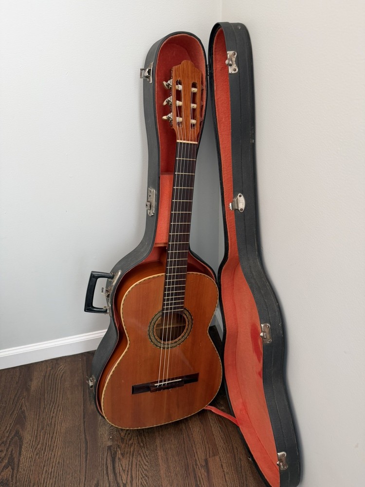 Vintage Handmade Classical Guitar 1/1 Custom Unique Inlay Music Note Case