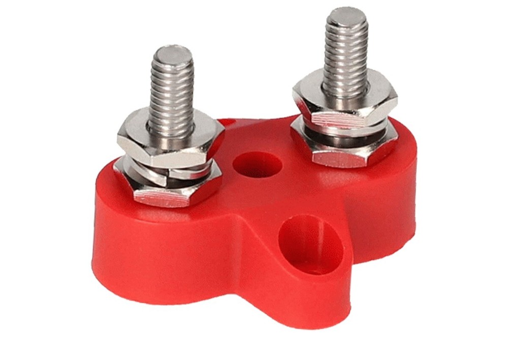 Dual 1/4" Ring Terminal Mounting Stud Red Power M6 Double Post Wire Block Mount