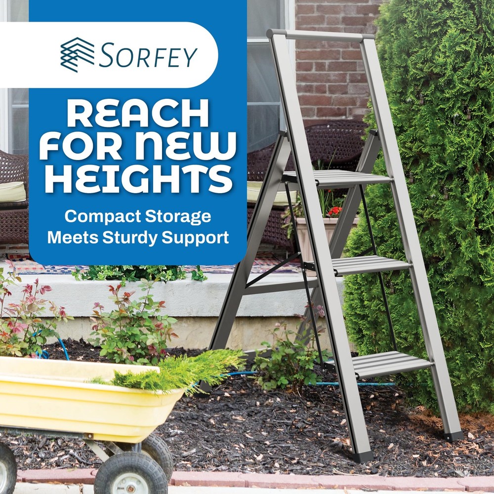 Step Ladder 3 Step Folding, Decorative - Modern Beautiful Aluminum, Lightweig...