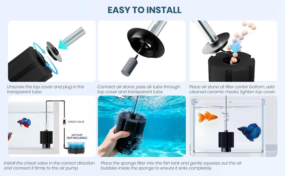 10-50Gal 2 Pack Aquarium Sponge Filter with Ceramic Media and Bubble Diffuser...