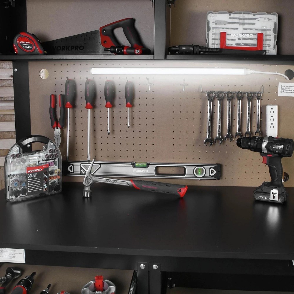 WORKPRO 2-In-1 Steel Garage Combo Workbench Workshop Tool Storage Cabinet Light