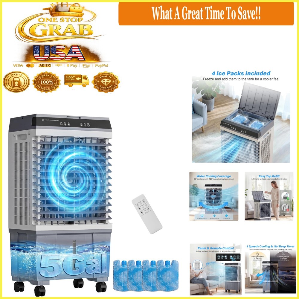 5 Gal Portable Evaporative Cooler with Ice Packs Oscillation Touch Remote Black