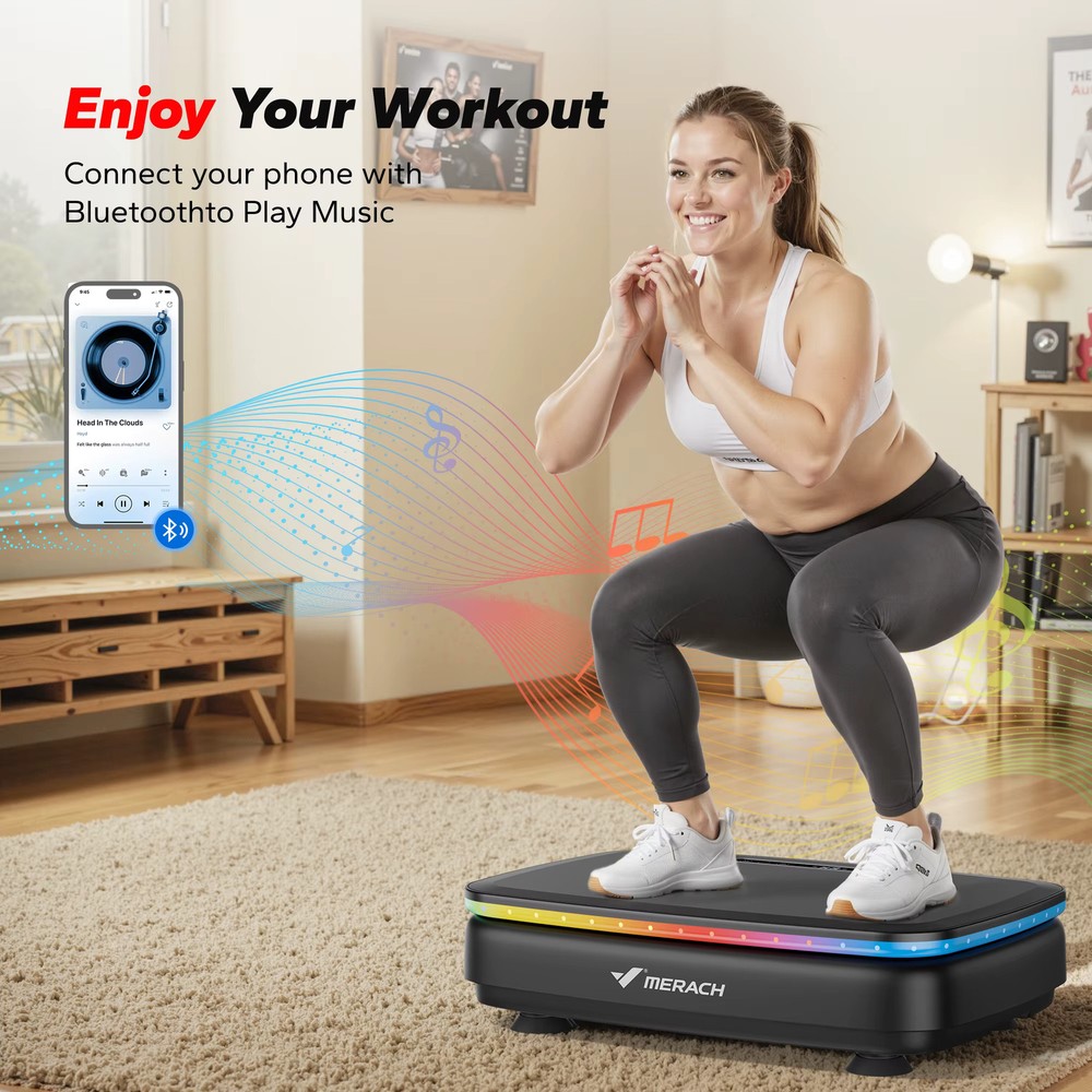 Vibration Plate Exercise Machine w/ Light, Bluetooth, Rope - Whole Body Workout