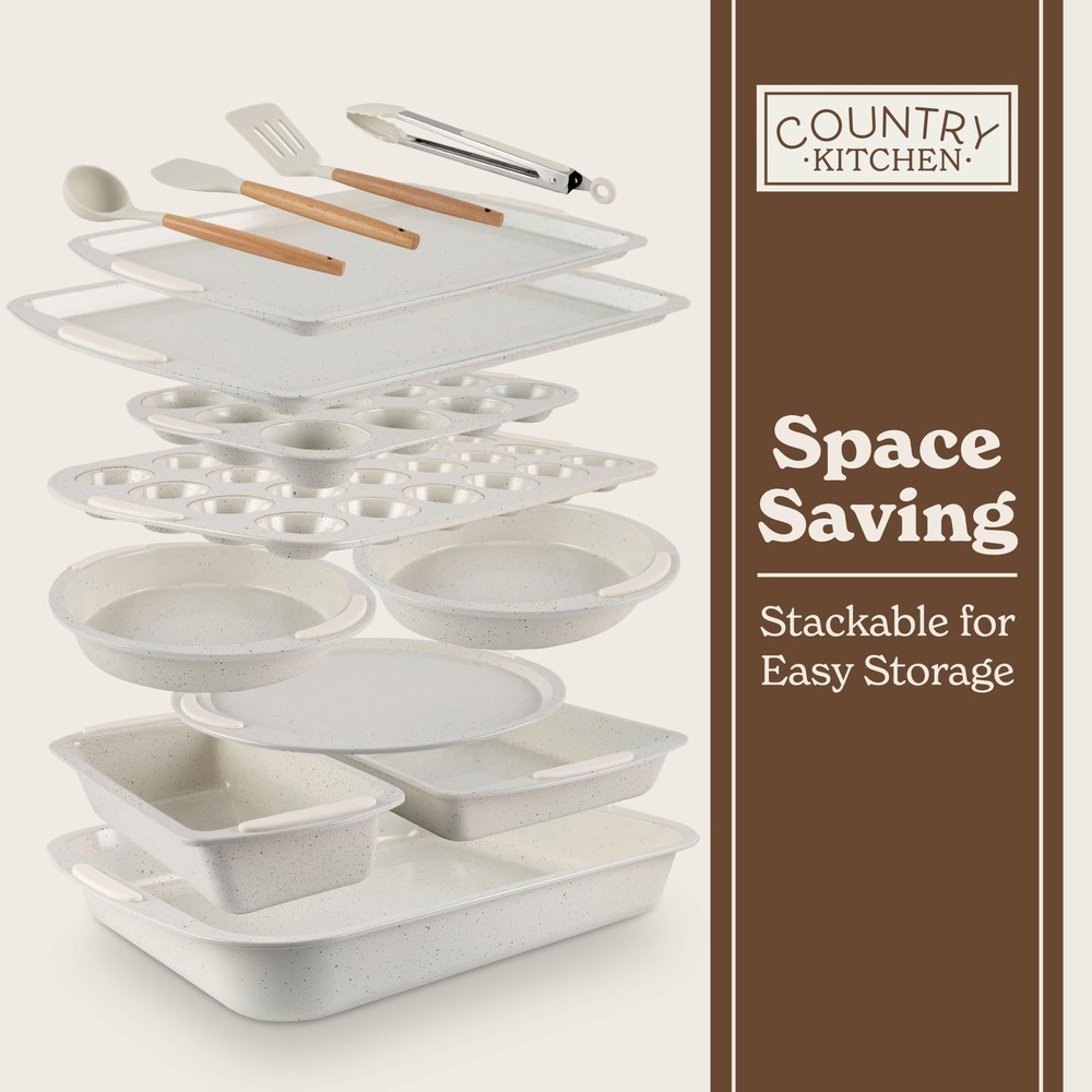 Country Kitchen Nonstick Stackable Bakeware Set - Durable, Easy 14 Pcs, Cream