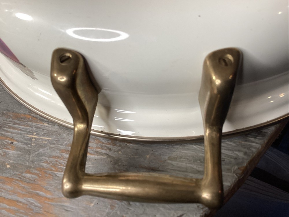 Cornucopia Lidded Serving Dish w/saucepan handles fruit pattern vintage