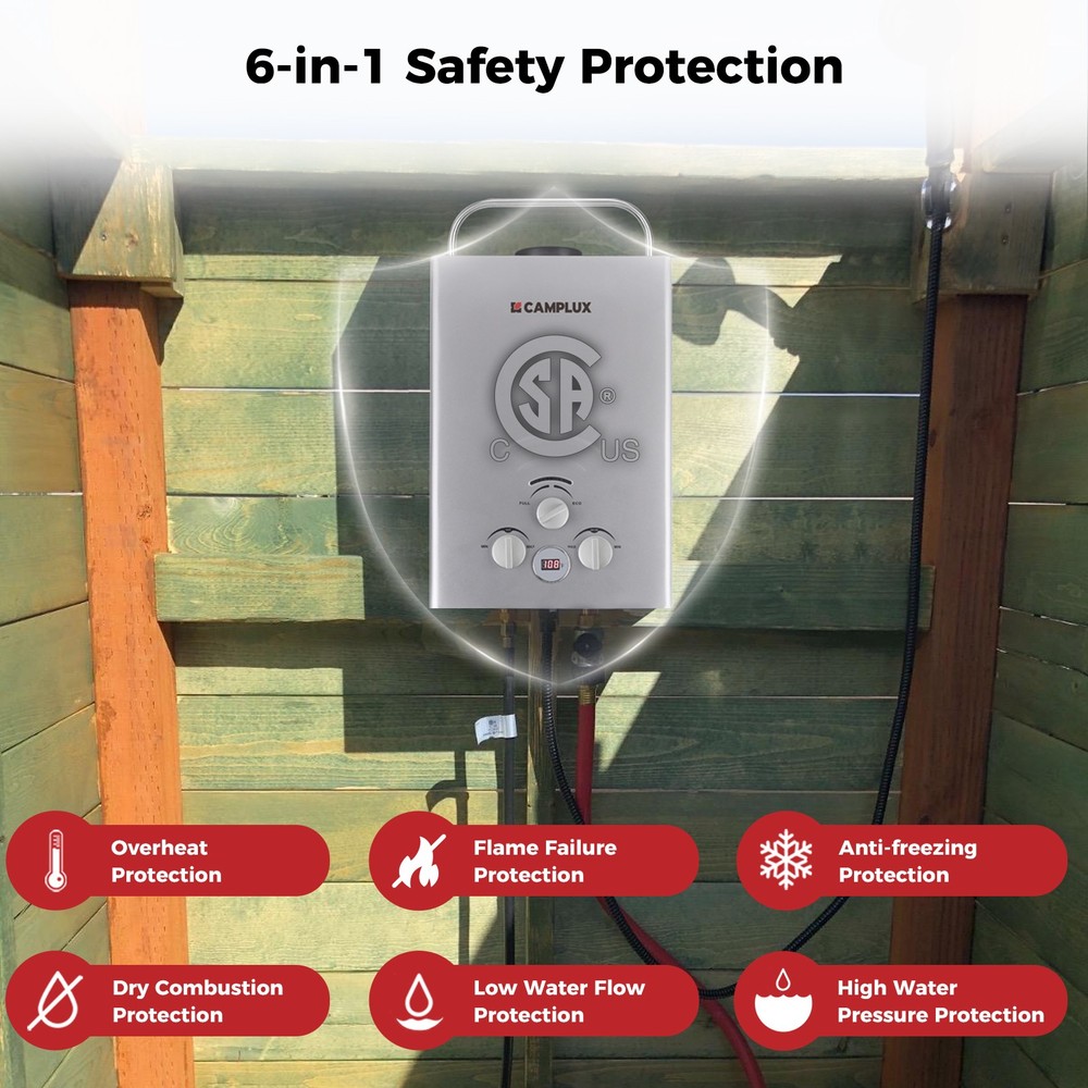 6L Portable Camplux Gas Water Heater On Demand Outdoor Shower for Off-Grid, RV