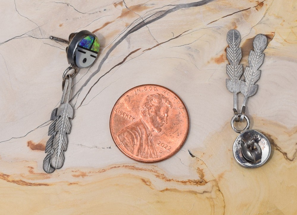 Native American Multi Stone Mosaic Earrings Feather Dangle Stamped Sterling